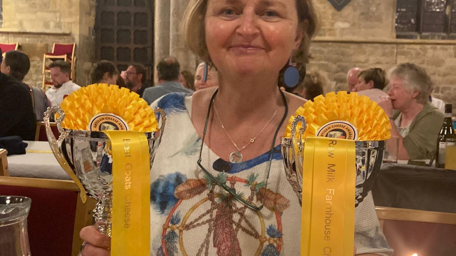 Siobhán with our two winning trophies at the Artisan Cheese Awards, May 2024